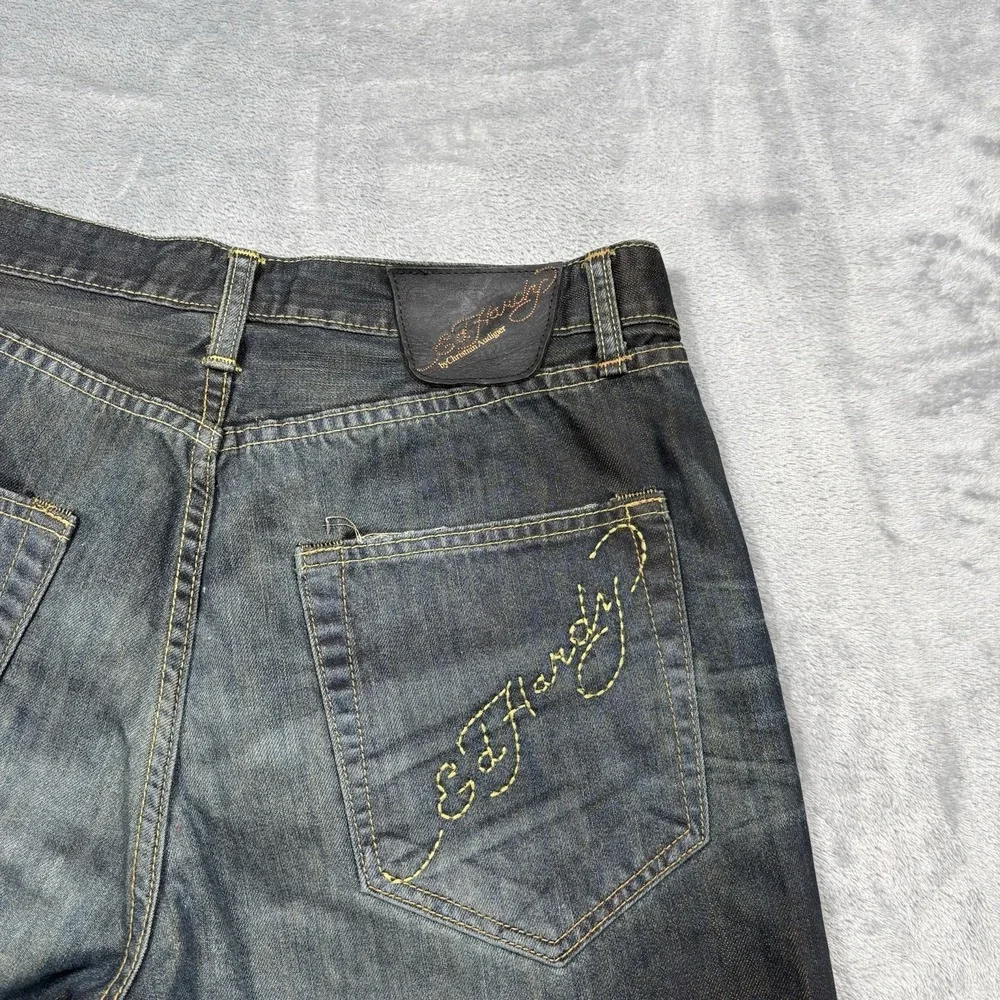 Ed Hardy Jeans Blue Harsn Eddie Original Denim Button Fly Spell Out Men's 33x32